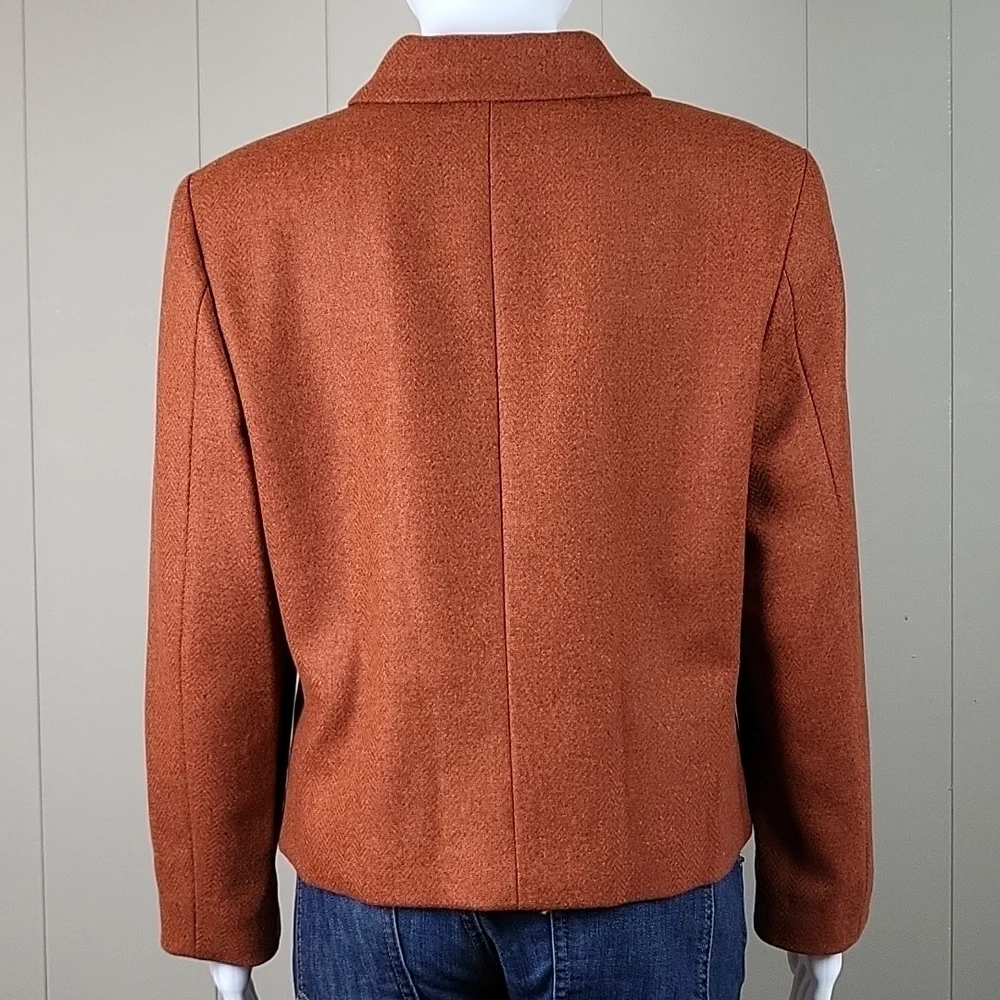 Lands End 100% Wool Tweed Burnt Orange Button Front Jacket Blazer